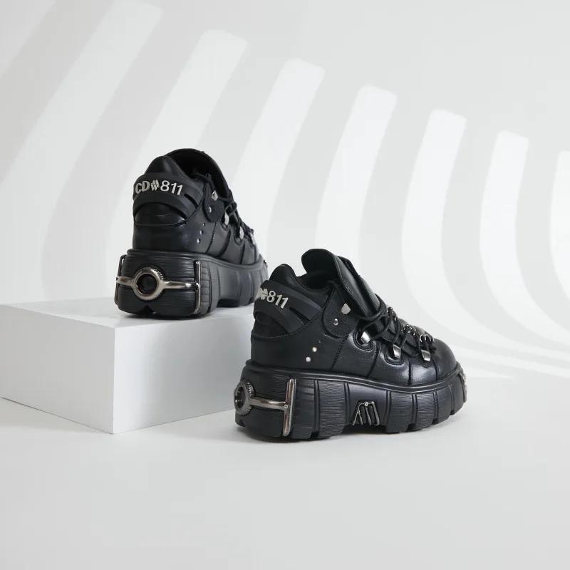 Fashion Spring and Autumn New Women's Shoes Heavy Metal Thick Soles Increase High and Low Punk Small Leather Shoes Black Motorcycle Boot