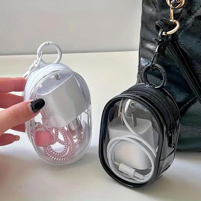 1PC Transparent Portable Mini Clear Zipper Storage Bag With Keychain Loop Earphone And Charger Case