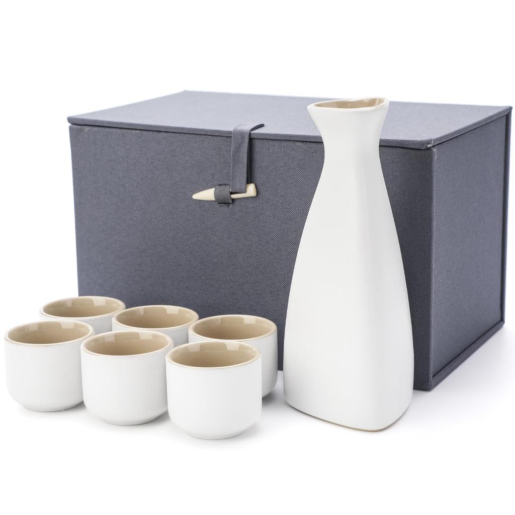 Ceramic Sake Carafe Set, Sake Set, Japanese Sake Set, Cold Sake Set, Traditional Ceramic, 150ml Carafe, 6 X 30ml Sake Cups, In a Brocade Box.