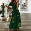 Women Plus Size V Neck Short Sleeve Clover Printed Dark Green Long Straight Dress