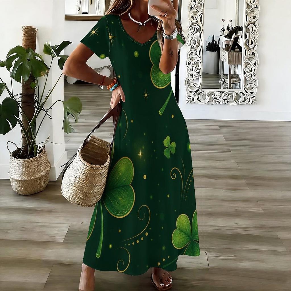 Women Plus Size V Neck Short Sleeve Clover Printed Dark Green Long Straight Dress