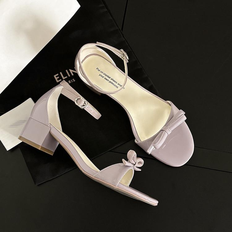 

2025 new bow square head with sandals women s summer wear fashion high heels thick heel fairy style 39 фиолетовый