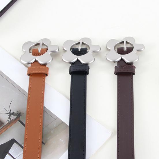 Imitation Leather Women Belt Metal Flower Pin Buckle Adjustable Design