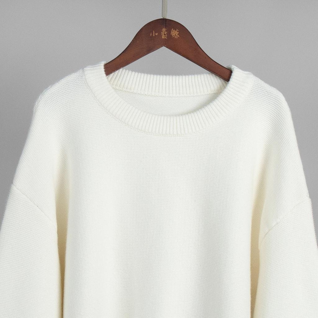 Autumn Winter Pure White Sweater Women's Round Neck Lazy Pullover Temperament Simple Comfortable Knitted Undercoat Top