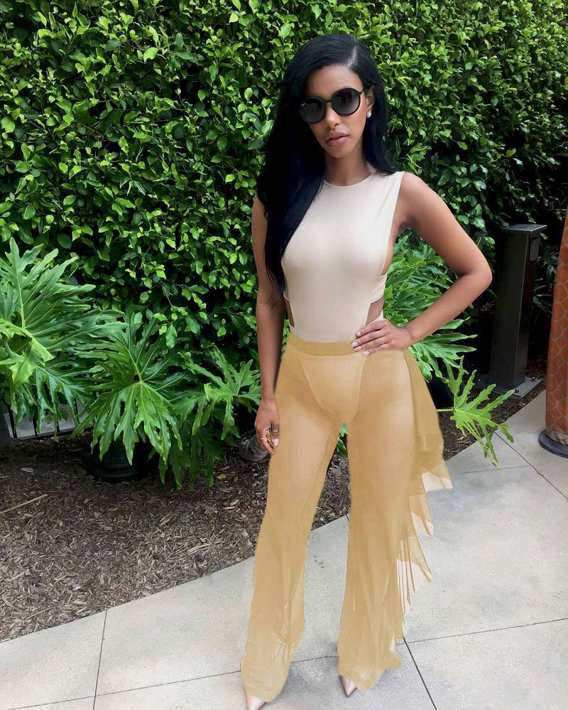 Pantalones Europeos y Americanos de Estilo Caliente de Malla con Volantes Semitransparentes de Pierna Ancha