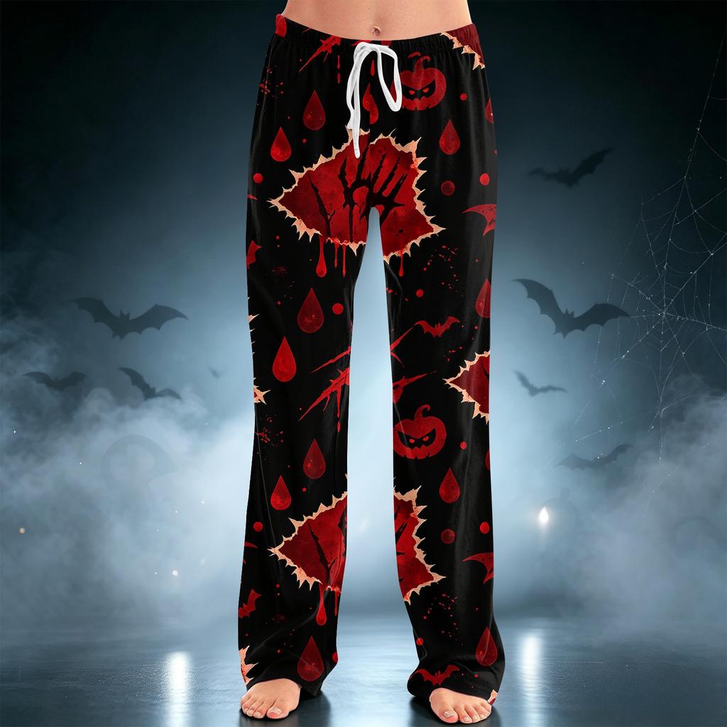 Women's Halloween Printed Drawstring Wide Leg Pants for Casual Sleepwear