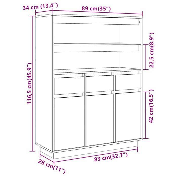 VidaXL Highboard White 89x34x116.5 Cm Solid Pine Wood, Sideboard, High Storage Cabinet, High Wooden Cabinet, 861112