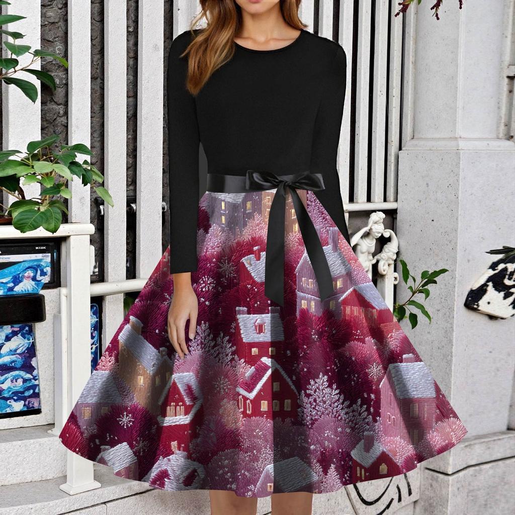 Women's Fashion Round Neck Slim-Fit Christmas Print Long-Sleeved Dress