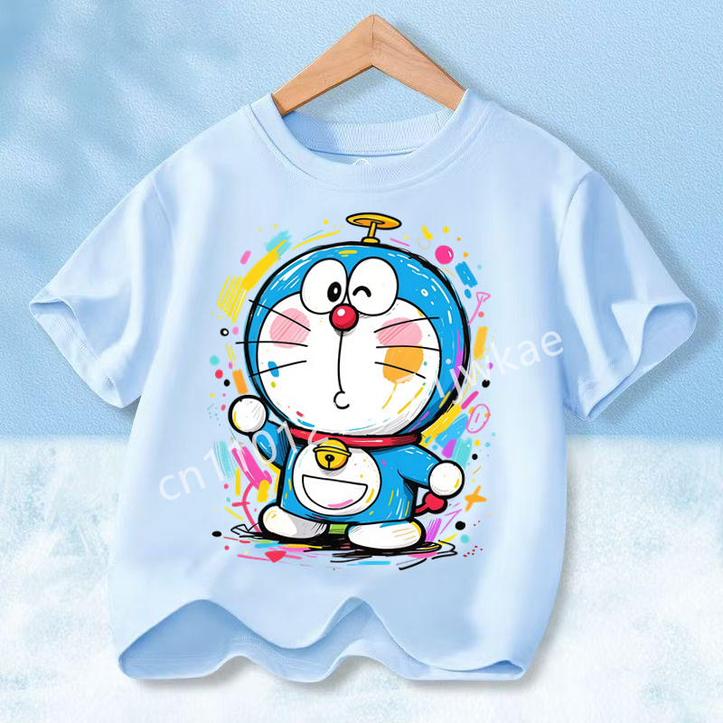 Doraemon Colorful T-shirt Printed Short-sleeved Outdoor Simple Comfortable Pullover Tops Summer Clothes Casuals Round Neck Shirt