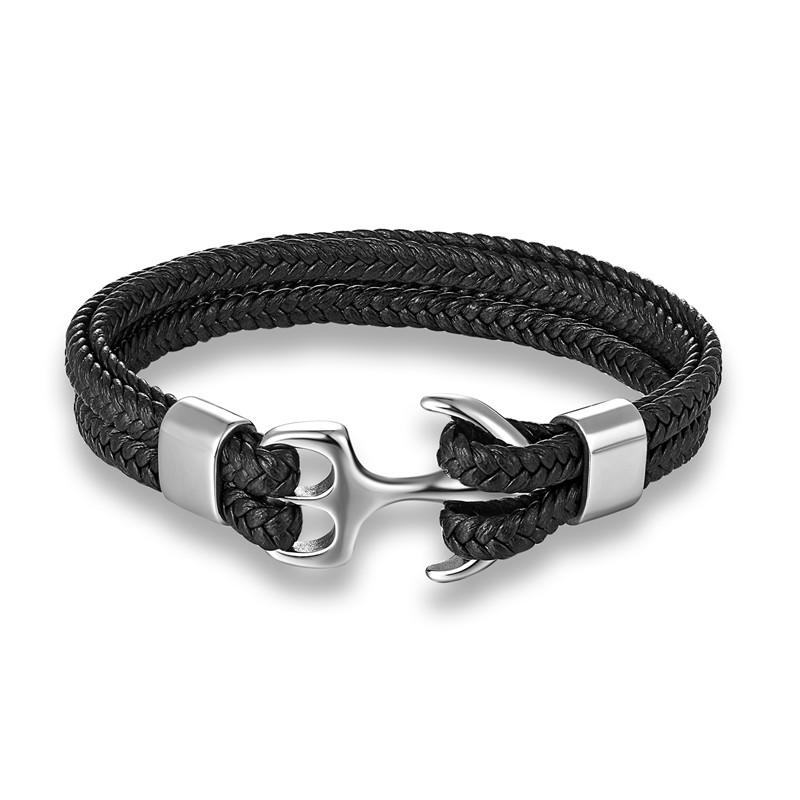 Leather Bracelet for Men Black Braid Multilayer Rope Chain Stainless Steel Anchor Male Jewelry Pulseras Gifts