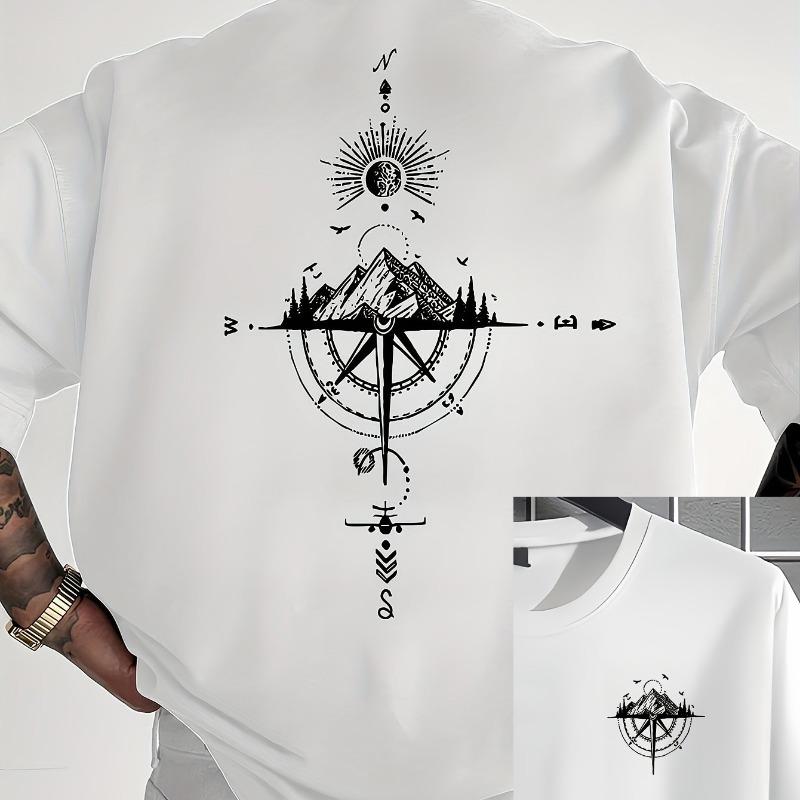 2025 Men's Summer T-shirt Sports Casual Loose Gold Compass Rose Mountain Pattern Printed Round Neck Short Sleeved T-shirt Summer