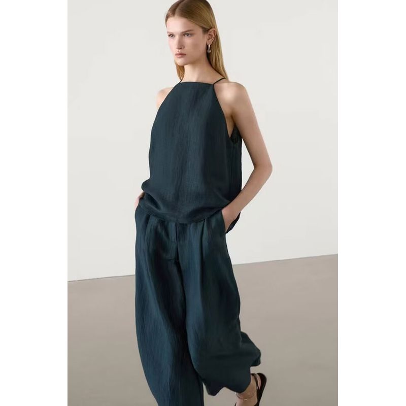 MD Women clothes French style Minimalist Static Luxury Style Retro Dark Green off-Shoulder Sling Sleeveless Shirts 05156884567