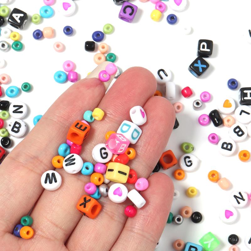 2 Boxes Seed Beads Set Letter Beads & Random Pendant Beginner Jewelry Making Kit Set with Clear Strings for DIY Craft Bracelet