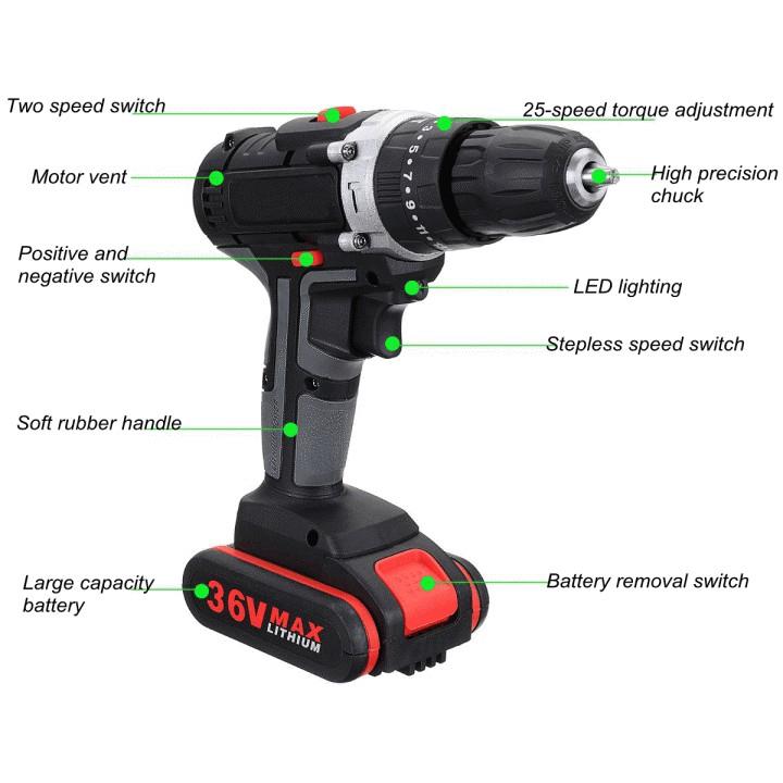 Brushless Cordless Electric Drill Dual Speed Adjustment Torque 6V 450/1450r/min Rechargeable 2Battery With LED Light