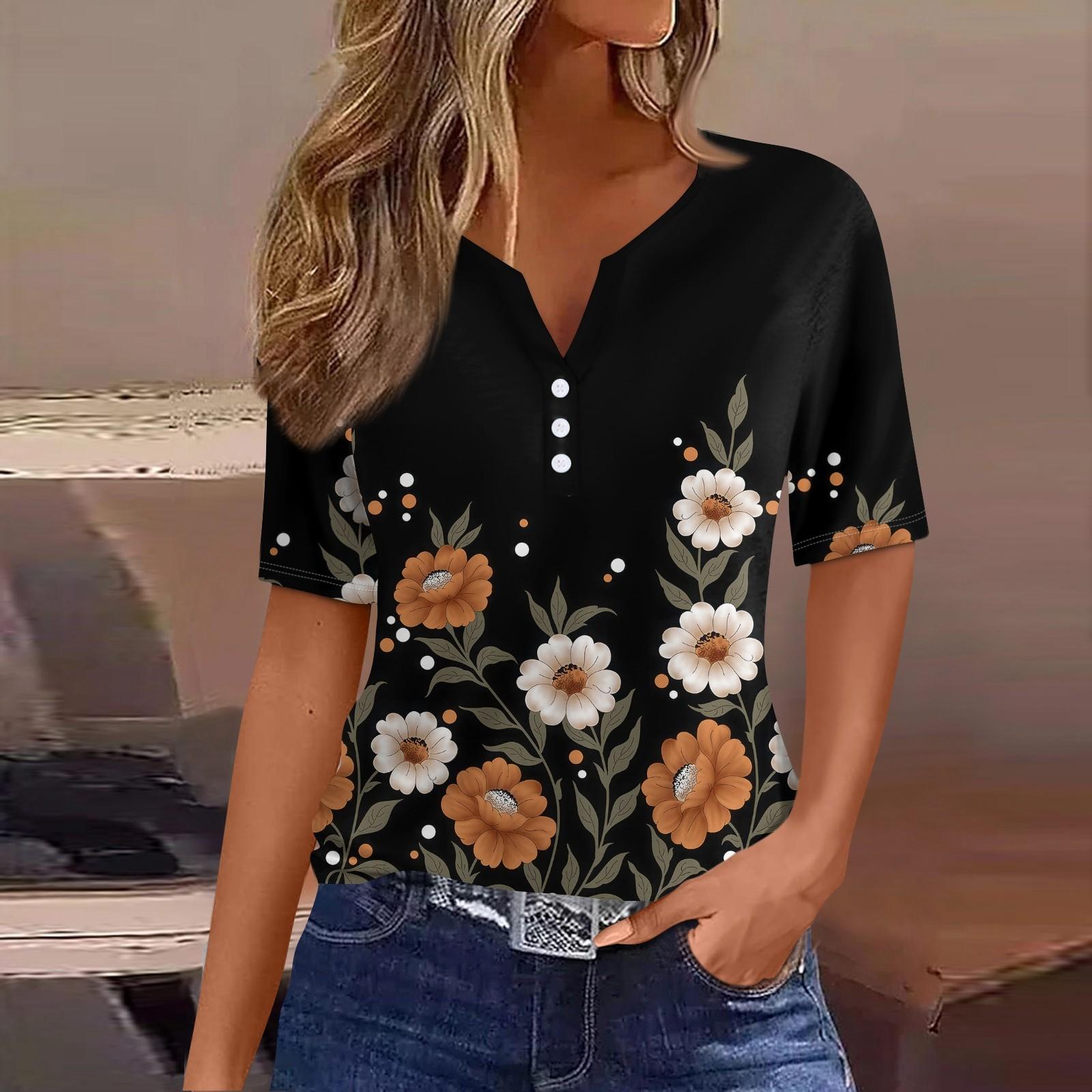

Женская модная повседневная футболка с v-образным вырезом и коротким рукавом с цветочным принтом, украшенная пуговицами, топ L чёрный