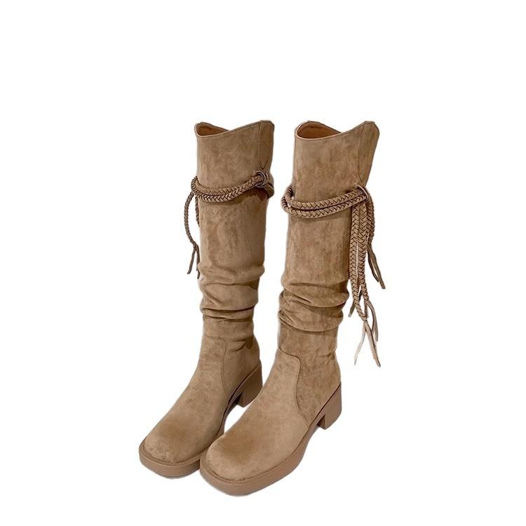 2025 retro versatile wasteland fringed knight boots thick heel but knee long boots slim pile high boots women