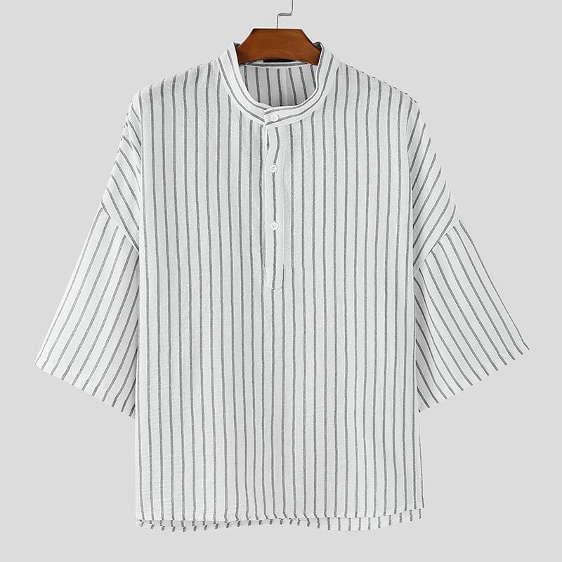 

INCERUN Oversized Men Collarless 3/4 Sleeve Casual Loose Striped Henley Shirts