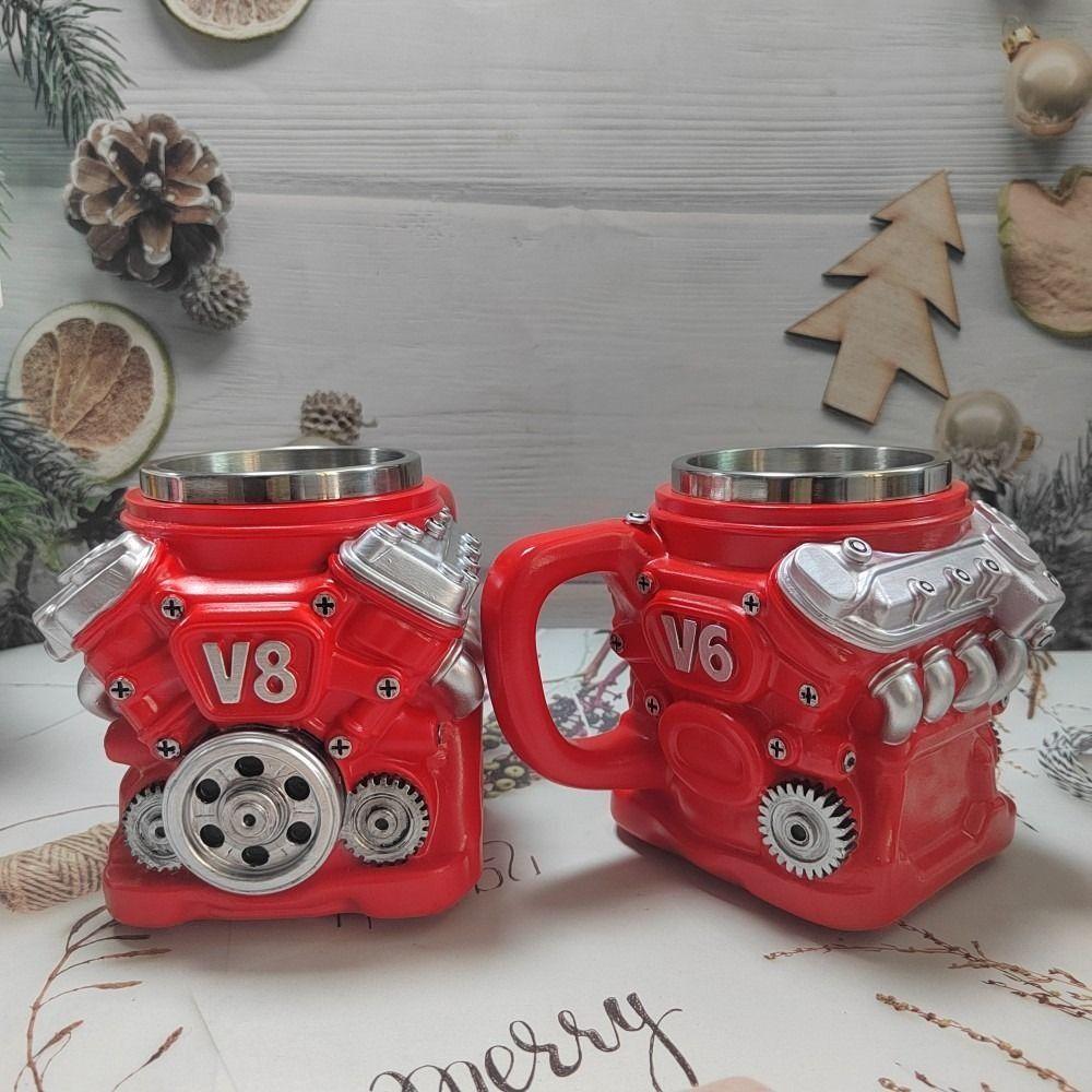Dubbelwandige V6-motoren roestvrijstalen beker met handvat isolatie autobeker cadeaus voor mannen en jongens