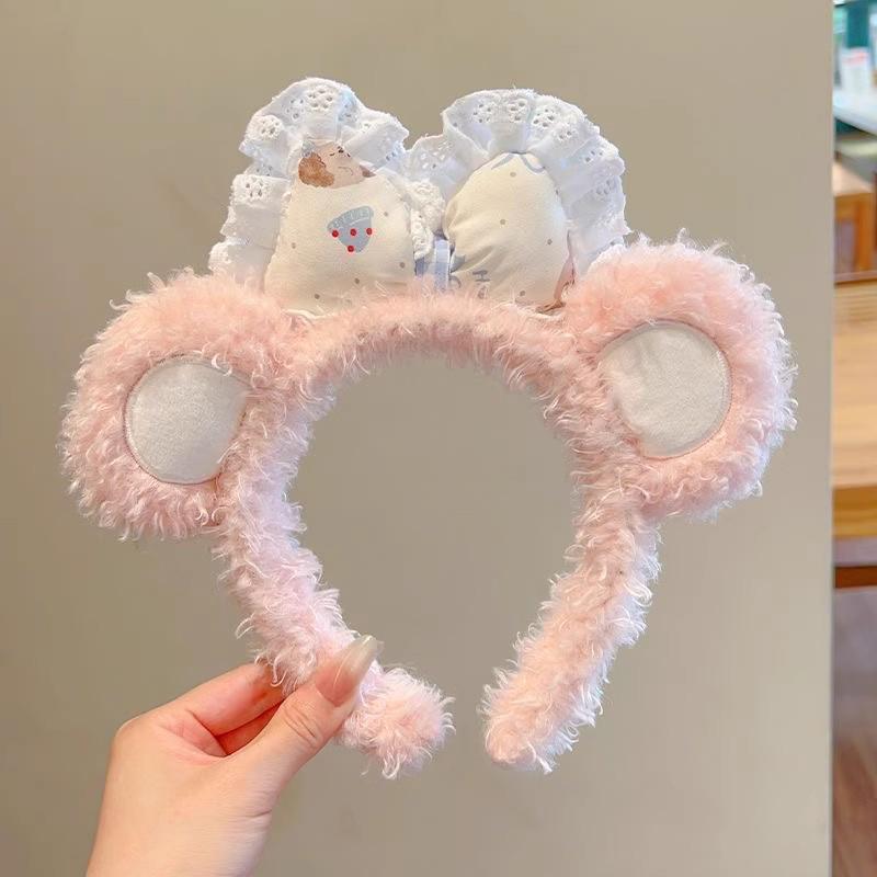 Plush Lace Bow Hairband with Cute Bear Ears for Women - Non-slip Headband Ideal for Face Washing