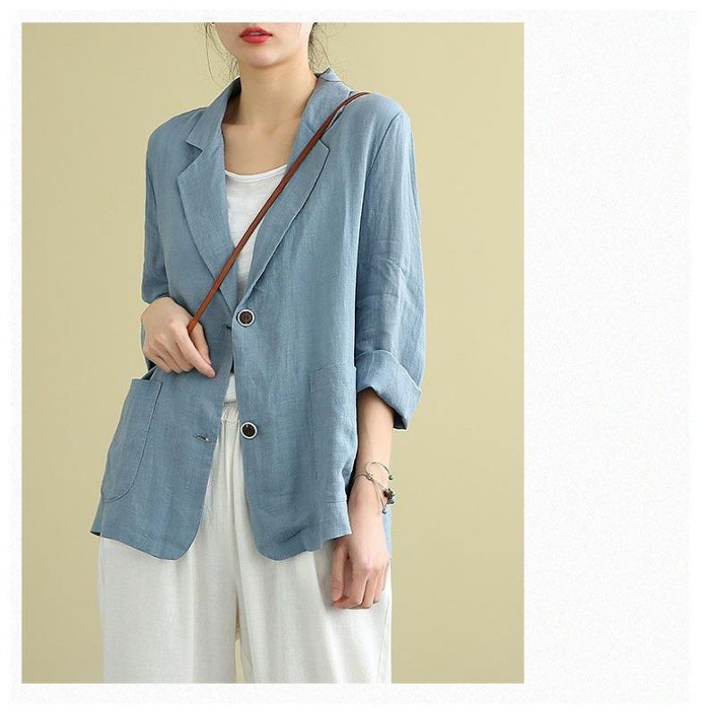 Fashion Casual Cotton and Linen Women Jacket Small Suits 2025 Spring Summer New Loose Long Sleeve Office Blouse Sunscreen Shirt Woman Pockets Clothing