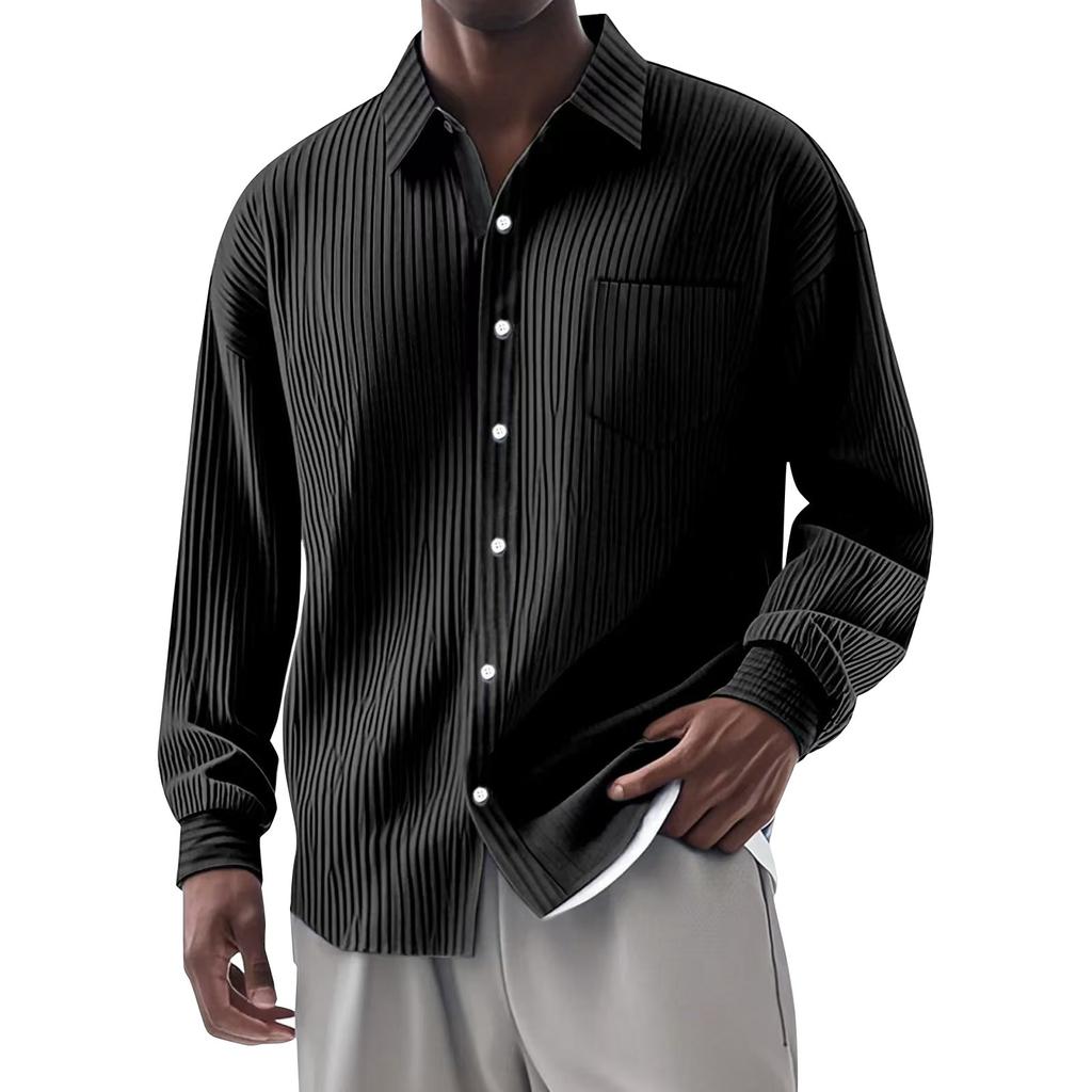 Men's Summer Solid Color Stripe Lapel Long Sleeved Shirt Men's Casual Fashion Long Sleeved Shirt