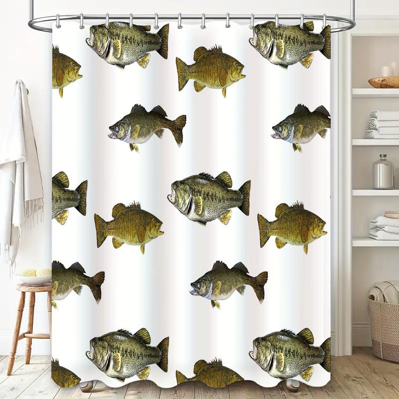 Modern Fish Print Shower Curtain Set for Bathroom Decor Waterproof Fabric with Hook Rings White Color (180x180cm)