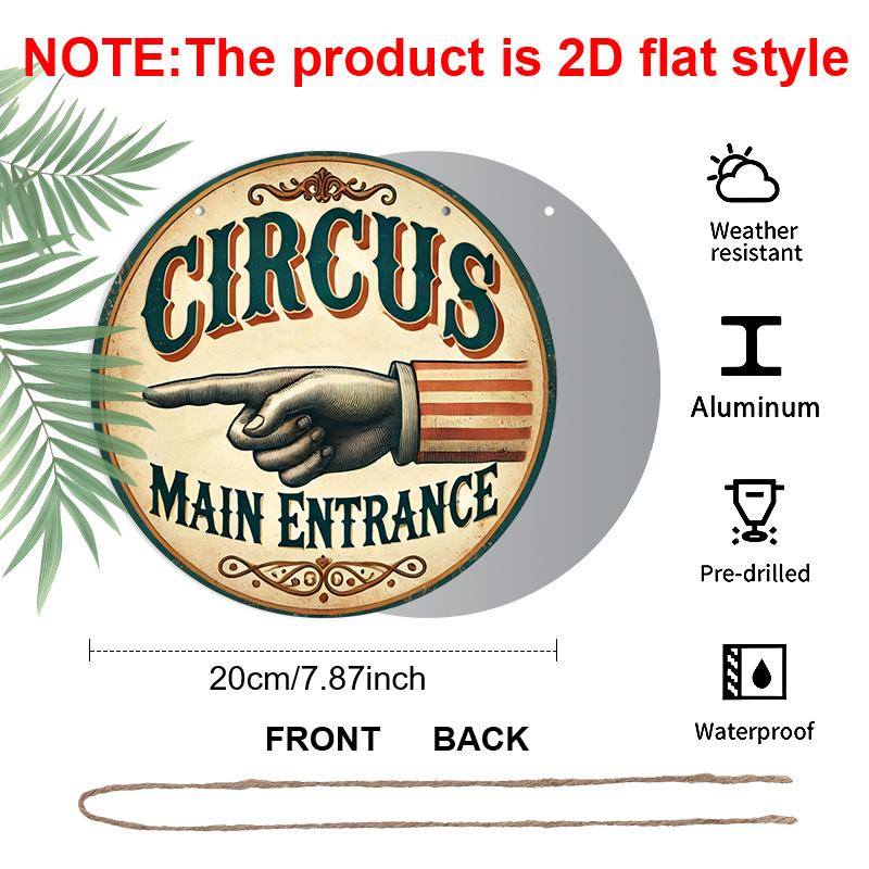 2D Flat, 1pc Round Circus Aluminum Hanging Sign, "Main Entrance" Vintage Hand & Ornate Design, Retro Carnival Metal Door Hanger, Perfect for Man