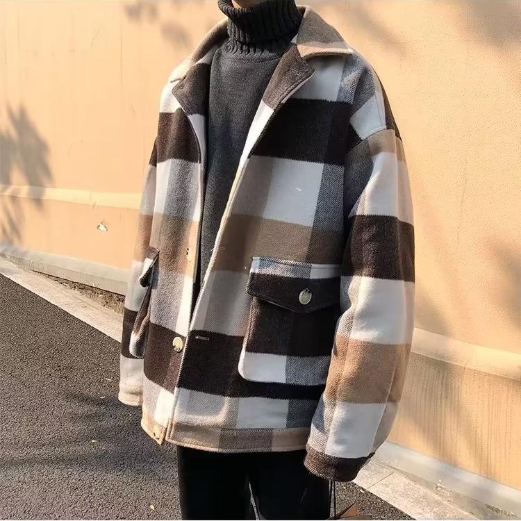 Men's Korean Style Woolen Plaid Coat - Trendy, Handsome, Loose Fit Windbreaker Jacket