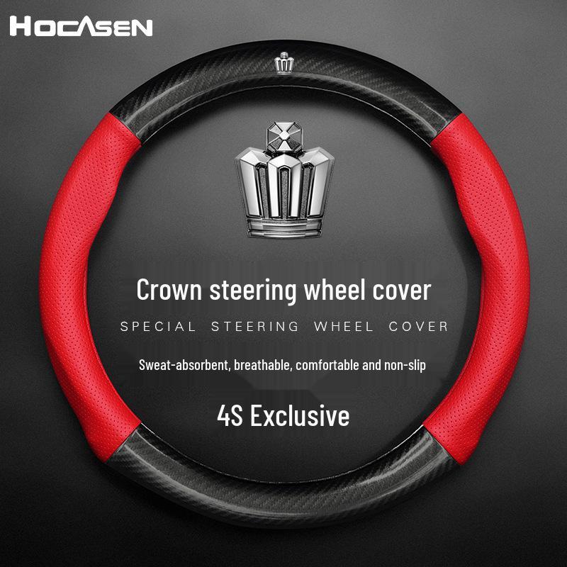 Compatible Genuine Leather Steering Wheel Cover for Crown Models (12th-14th Gen, 2005-2021) - Carbon Fiber Design