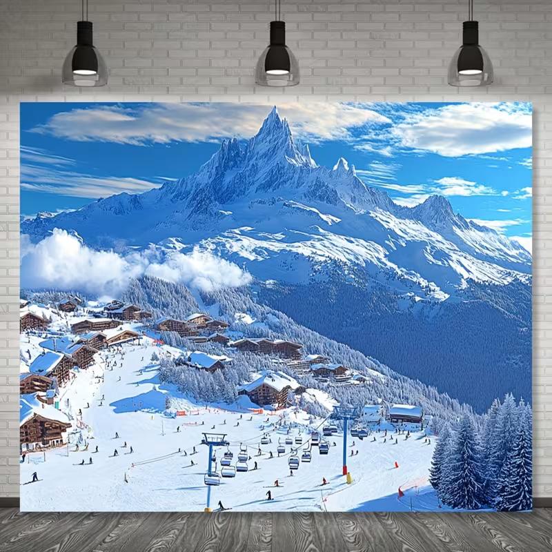 2D Snowy Mountain Ski Lift & Chalets Photo Banner 47.2x31.5inch/120*80cm