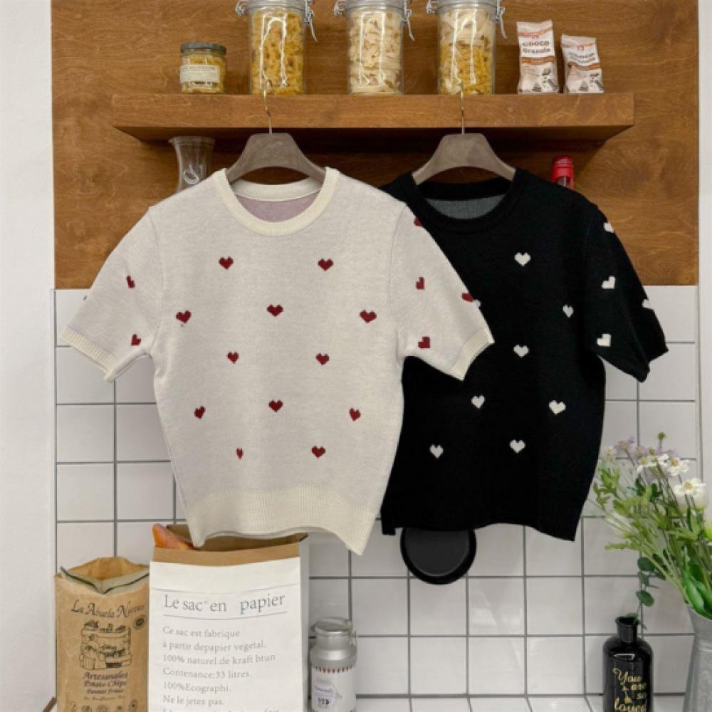New Arrivals Open Run Women HearT PaTTern ShorT Sleeve T shirT Jacquard Round