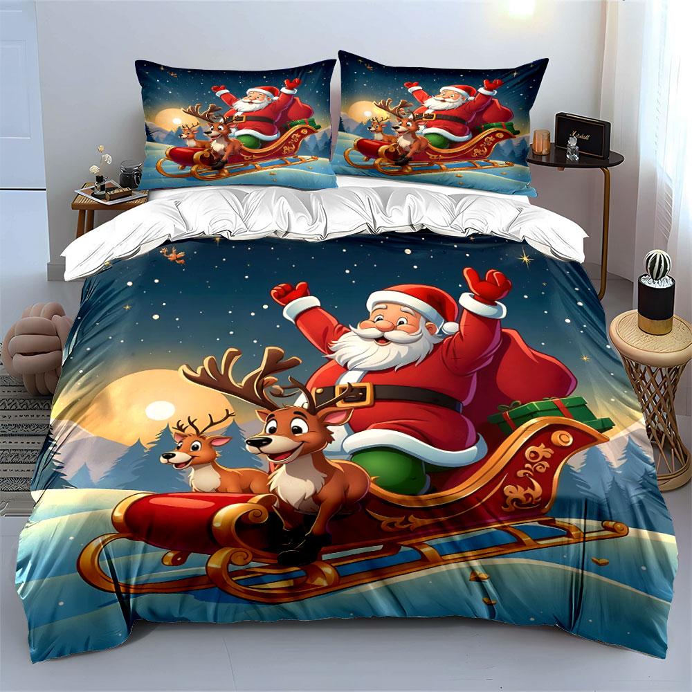 Santa Claus Sleigh with Reindeer Bedding Duvet Cover Set Duvet Cover Pillowcases (1*Duvet Cover 2*Pillowcases, Without Duvet Insert)
