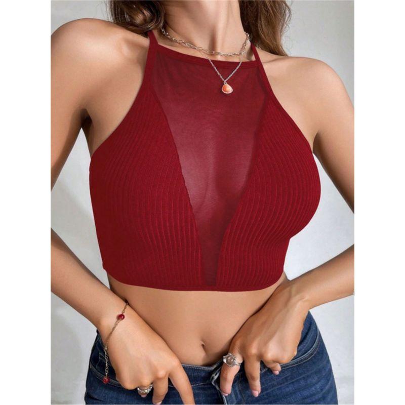 

Мода Сексуальная Красивая Спина Прозрачная Сетка Вырез Жилет Майка Топы Женский Кроп Топ Женщины Burgundy L