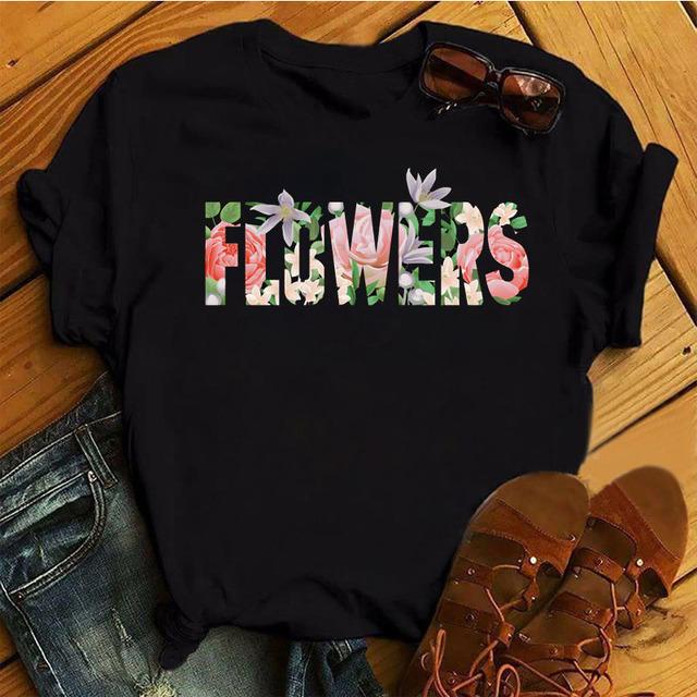 Fashion Women T Shirt Flower Printed T Shirt Casual Black Tops 90s Ladies Girl Tee Shirt Female Harajuku Graphic T -Shirt