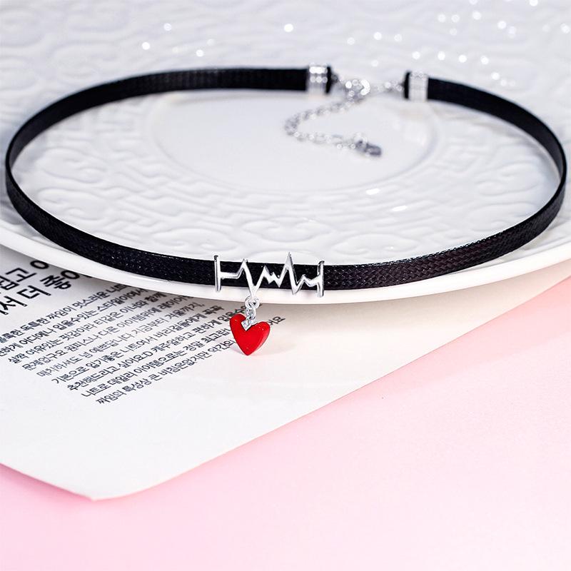 S925 Silver EKG Red Heart Choker Necklace - Black Rope Jewelry for Christmas & Valentine's Day Gift