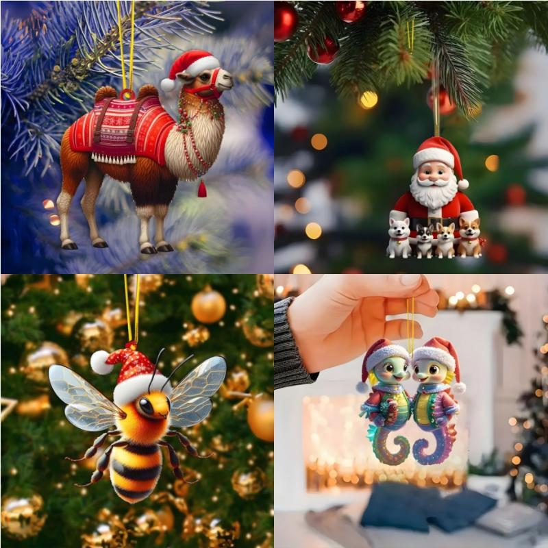 2D Christmas Tree Pendant 2D Flat Acrylic Xmas Tree Hanging Ornaments Cartoon Home Decor New Year Christmas Gifts