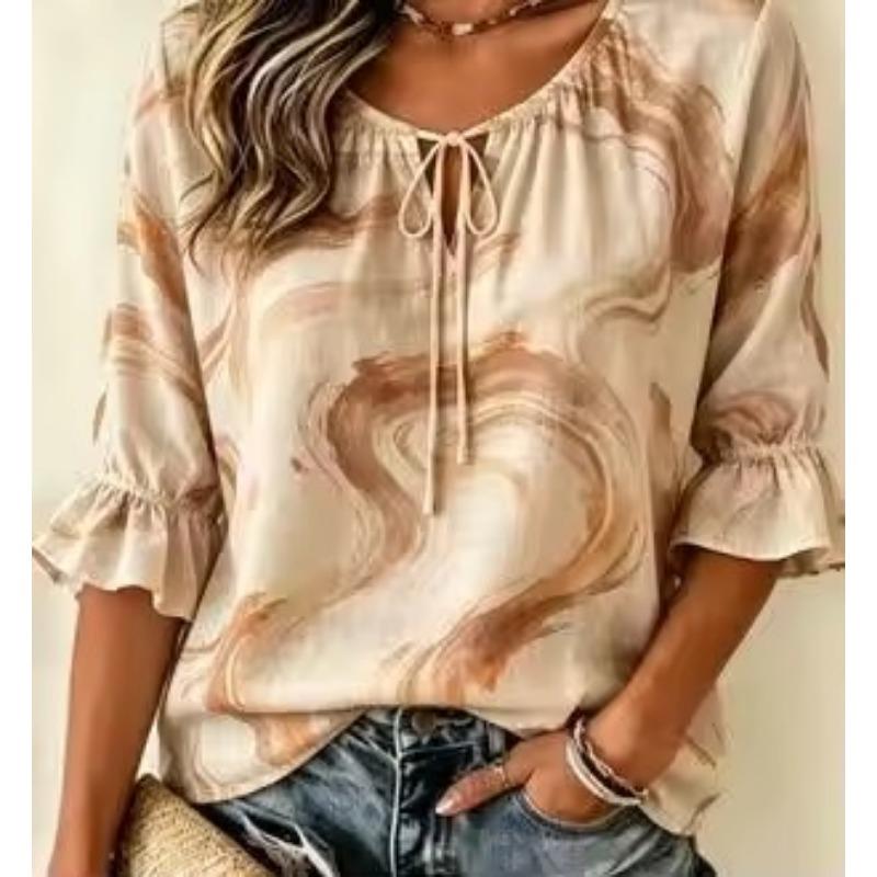 Women's Tie Split Neck Blouse, Light Purple White Seashell Border Print, Loose Fit for Spring Summer Daily Casual Outfits