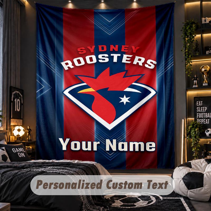 TapestrySydney Roosters Custom Name Text Personalized Wall Hanging Tapestry Home Wall Decor