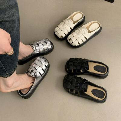 Brown Round Head Platform Slippers Women Wear New Woven Slippers for Summer