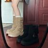 Retro medium boots women's new fashion versatile casual thick heel belt buckle knee knight boots