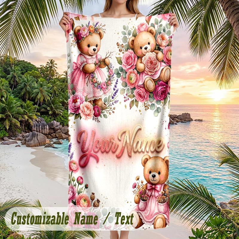 Teddy Bear Theme Beach Towel Personalized Custom Name & Text Soft Quick Dry Beach Towel for Swimming Travel