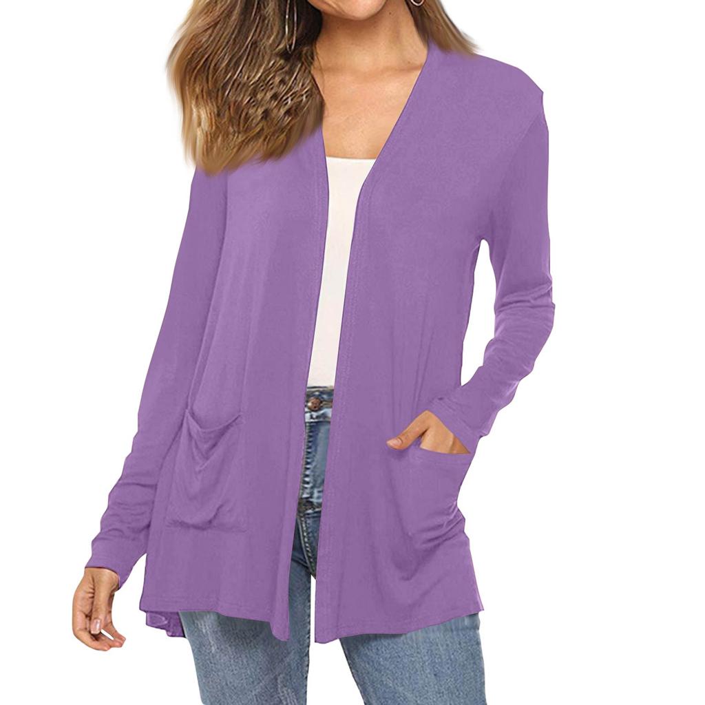 Women's Fashion Solid-Colour Long-Sleeved Pocketed Slim-Fit Cardigan Jacket