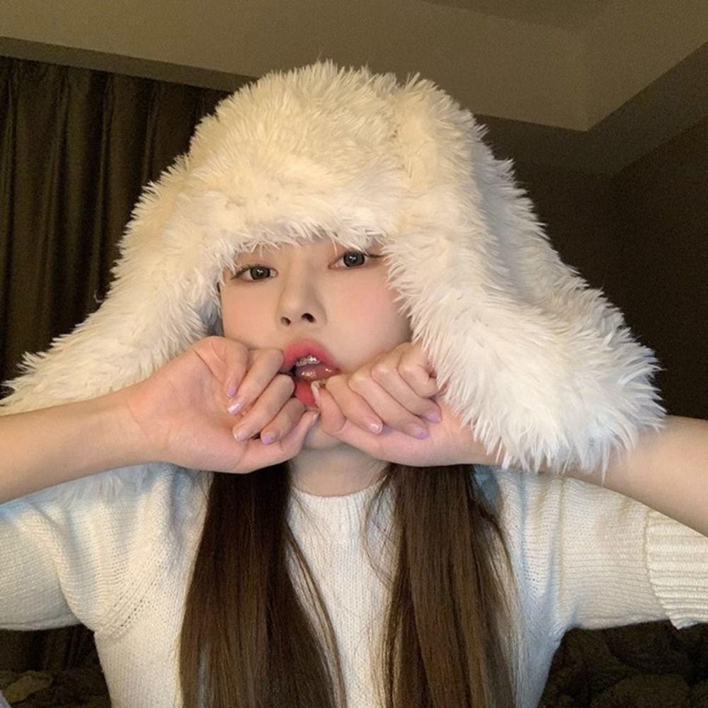 Soft Pullover Furry Cap Cute Plush Winter Beanies Fashion Bunny Ear Hat Streetwear