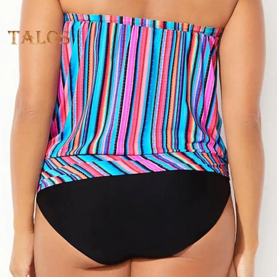 2Pcs/Set Women Swimsuit Set Bandeau Sleeveless Striped Print Swimming Tops High Waist Swimming Trunks Set Beachwear