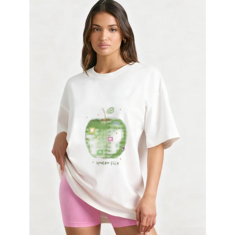 

Oversized T Shirt Black Apple Graphic Print With Spulen File Text Casual Streetwear For Women XXXXL білий