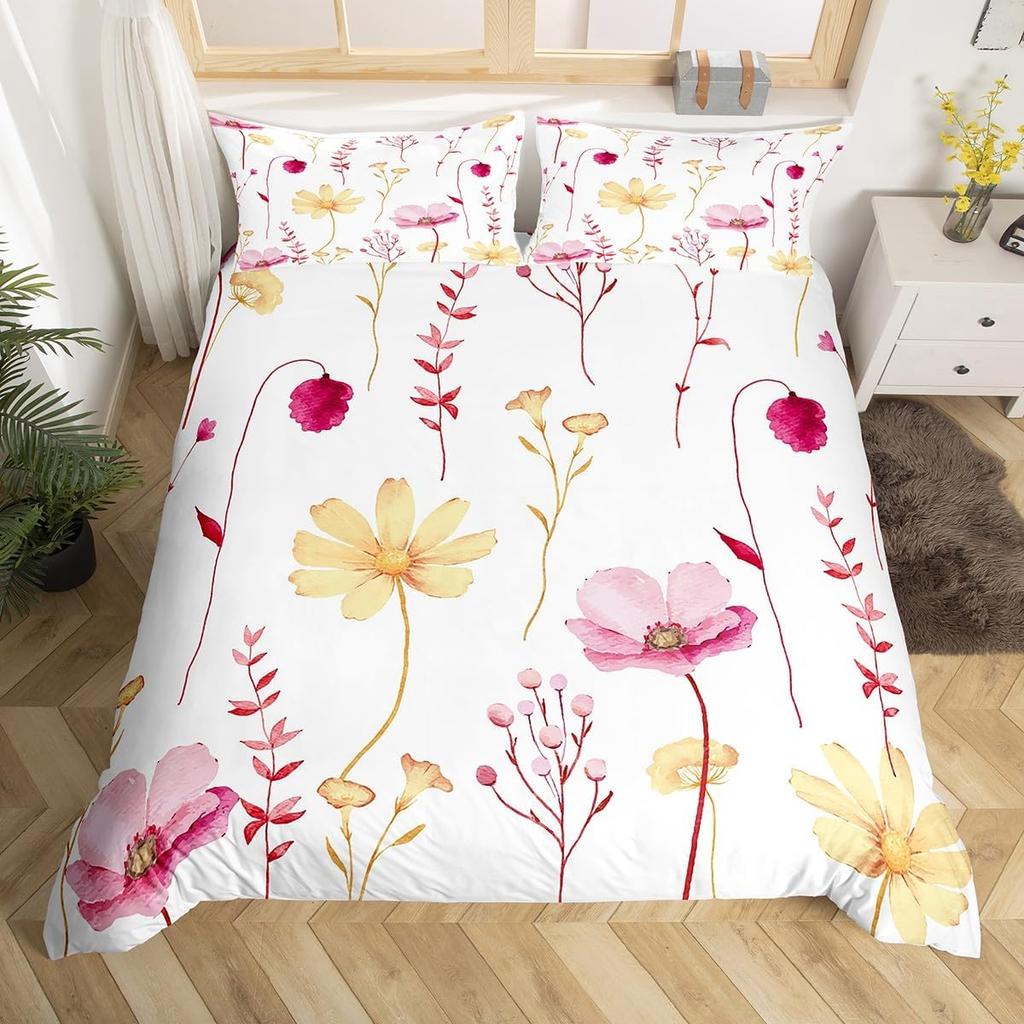 Watercolor Floral Down Duvet Cover Set Queen King Size Simple Pastoral Style Bedding Suitable for Kids Teens Adult Women 3 PCS