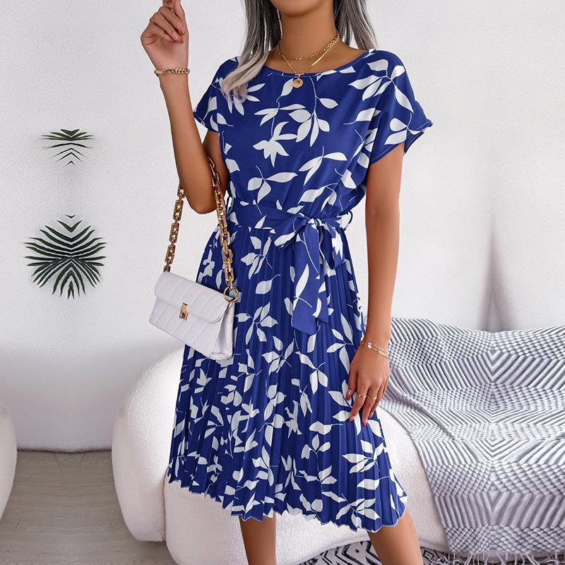 Abito Maxi da Donna con Stampa Floreale Manica Corta Pieghettato Vita Alta Linea ad A Casual Boho Chic Taglie Forti dalla S alla XL