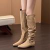 Coarse Heel Khaki Suede Tall Pile Knight Boots Women's Boots 2025 Autumn and Winter V-mouth Skinny Boots