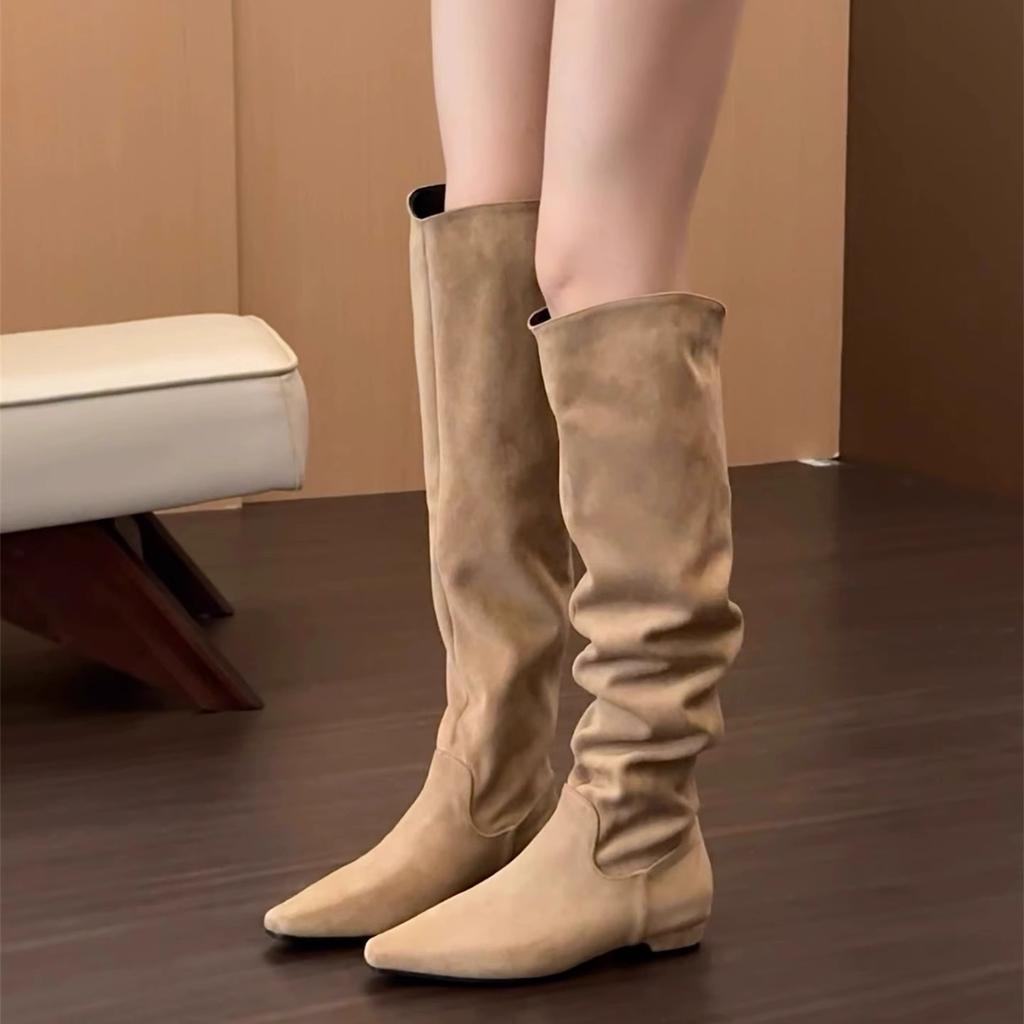 Coarse Heel Khaki Suede Tall Pile Knight Boots Women's Boots 2025 Autumn and Winter V-mouth Skinny Boots