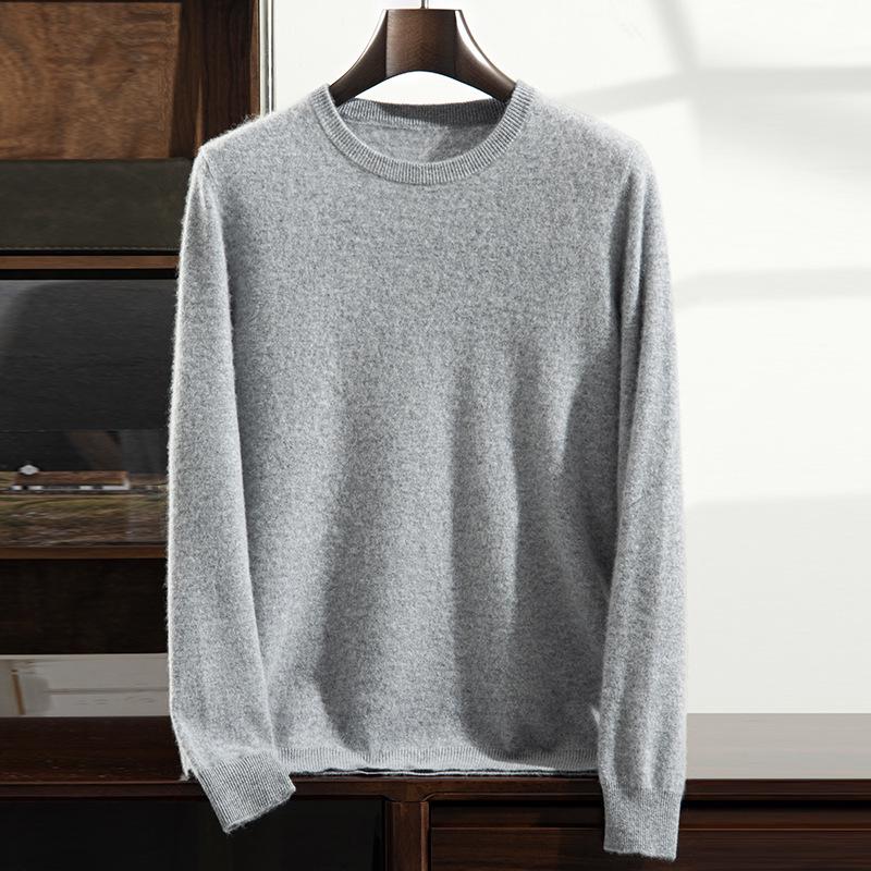 Men's Thick Warm Cashmere Sweater - Solid Color Round Neck Loose Fit
